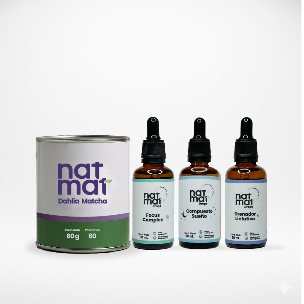 Combo Bienestar x4 NatMat: gotas, matcha y complementos de autocuidado